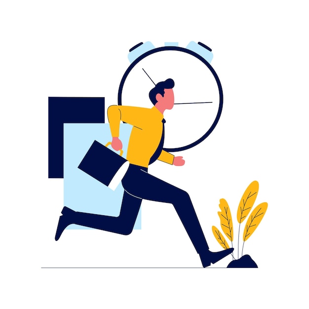 Empleado hombre de negocios hombre corriendo rápido va a trabajar con el reloj Time Beaker