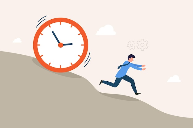 Vector empleado huyendo de un enorme reloj cayendo rodando por la colina ilustración vectorial de fecha límite de trabajo