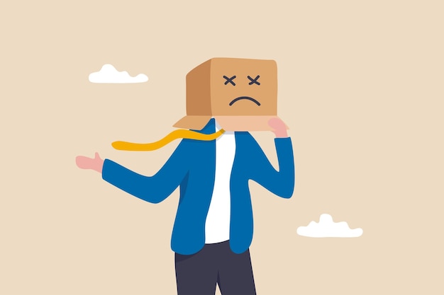 Empleado infeliz o cliente insatisfecho, deprimido por exceso de trabajo o fracaso empresarial, ansiedad o estresado por el trabajo, empresario frustrado cubierto con una caja de cartón con cara triste infeliz.