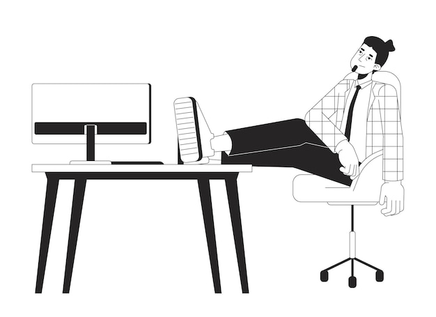 Empleado masculino agotado después de cumplir con la fecha límite personaje de dibujos animados en 2D en blanco y negro hombre caucásico cansado feliz contorno vectorial aislado persona Ilustración de punto plano monocromático