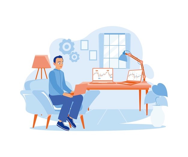 Un empleado masculino que trabaja en la oficina en casa analizando gráficos de velas en la pantalla de la computadora portátil concepto de oficina en casa Ilustración vectorial plana