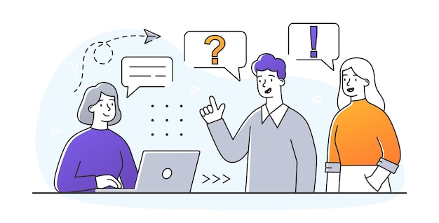 El empleado de la metáfora de negocios de FAQ responde a los clientes de la compañía a cualquier pregunta que puedan tener.