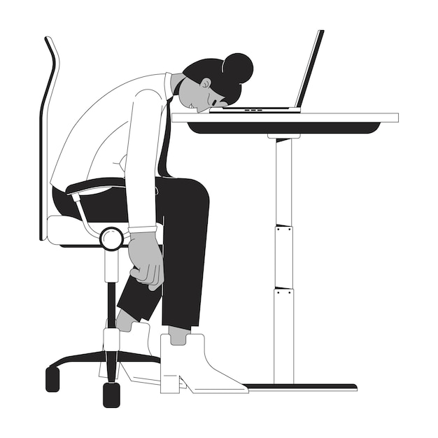 Empleado negro estresado poniendo la cabeza abajo en el escritorio personaje de dibujos animados de línea 2D en blanco y negro persona de contorno vectorial aislado afroamericano cara abajo en la mesa ilustración de punto plano monocromático