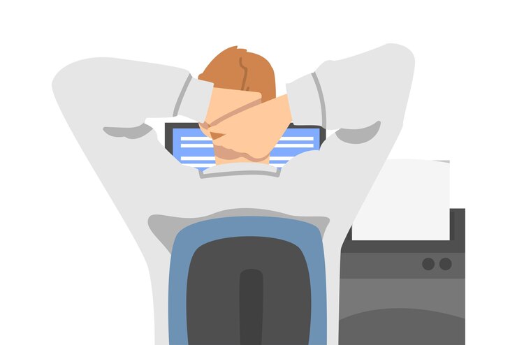 Vector empleado de oficina con camisa blanca sentado en la computadora portátil trabajando teniendo el día ilustración vectorial de rutina