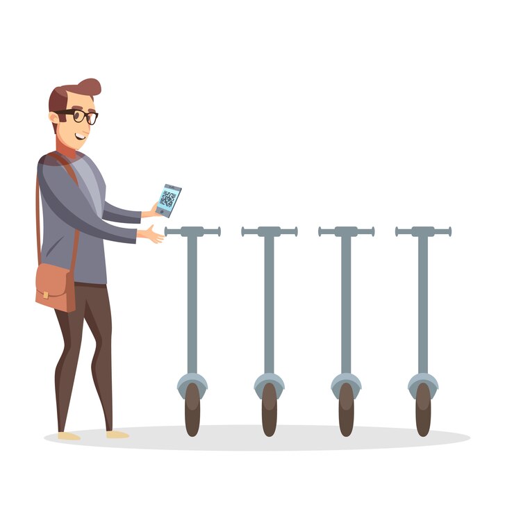 Empleado de oficina empresario con bolso desbloquea un scooter eléctrico mediante teléfono móvil con código QR. Transporte ecológico moderno. Alquilar una ilustración de scooter de movilidad.