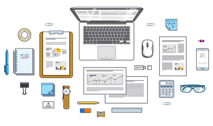 Vector empleado de oficina o lugar de trabajo de escritorio de empresario con pc portátil y papeles analíticos con gráficos y datos y objetos de papelería en la mesa. todos los elementos son fáciles de usar por separado. vector.