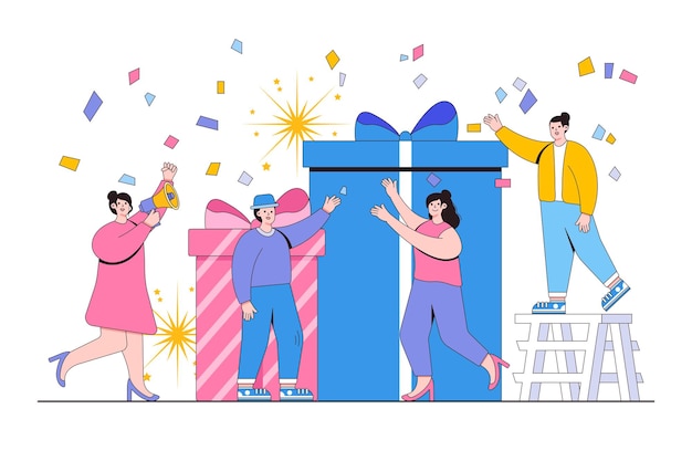 El empleado recibe una recompensa en línea de regalo por un buen concepto corporativo de vacaciones de trabajo Ilustración de vector mínimo de estilo de diseño de esquema para imágenes de héroe de infografía de banner web de página de destino