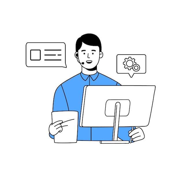 Empleado del servicio de soporte técnico en auriculares se comunica con el cliente Trabajador del centro de llamadas en auriculas ayuda al cliente Operador de la línea directa de asistencia Ilustración vectorial de contorno aislado plano en blanco