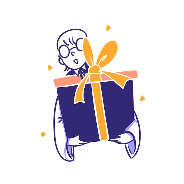 El empleado de la tienda en línea trae la ilustración del concepto del icono de la caja de regalo en el estilo de diseño dibujado a mano del esquema