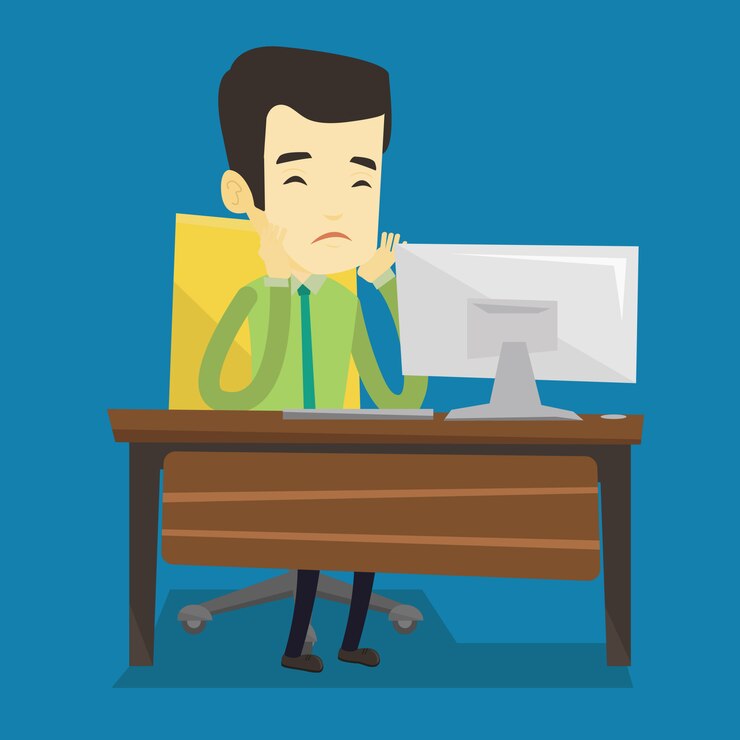 Vector empleado triste agotado trabajando en la oficina.