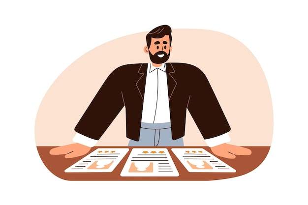 Empleador contratación y reclutamiento con documentos de CV de trabajo selección de recursos humanos cazadores de cabezas profesionales en busca de solicitantes empleados Ilustración vectorial plana aislada sobre fondo blanco