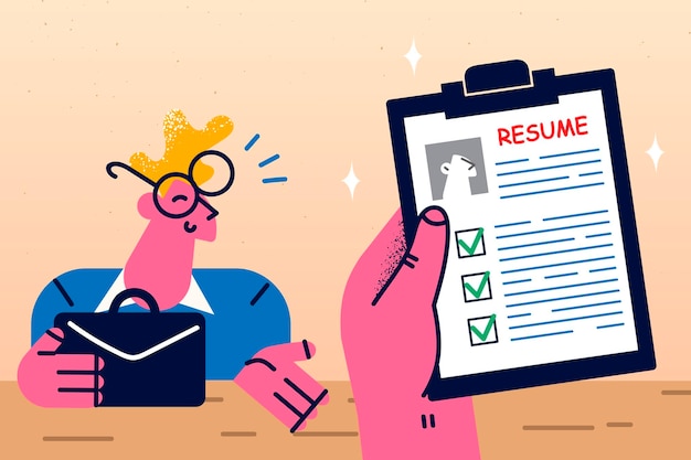 El empleador mantiene el currículum del candidato al trabajo para hablar en la entrevista en el cargo. El solicitante de trabajo masculino sonriente tiene una charla de contratación con el jefe o HR. concepto de empleo y carrera. ilustración vectorial
