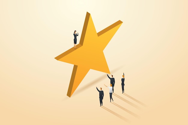 Los empleados exitosos se paran en las grandes estrellas Los compañeros de trabajo felicitan el concepto de éxito profesional