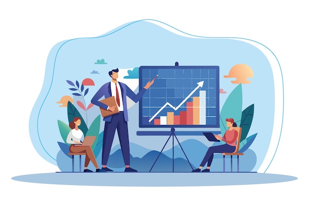 Empleados financieros analizan para la planificación de negocios diseño de ilustración vectorial plano