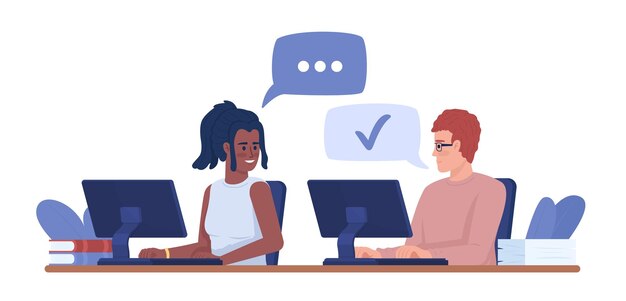 Empleados jóvenes que trabajan en personajes vectoriales de color semiplano de oficina abierta