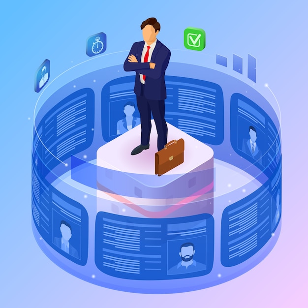 Empleo de agencia de trabajo isométrico, recursos humanos, curriculum vitae y concepto de contratación. Reanudar a los solicitantes de vacantes en una pantalla transparente flexible. solicitante en stand futurista.