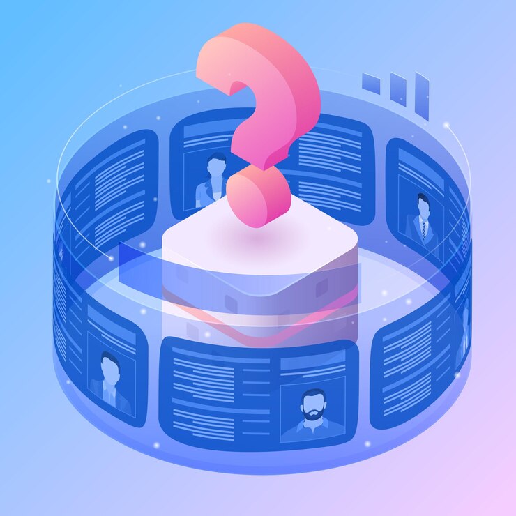 Vector empleo de agencia de trabajo isométrico, recursos humanos, curriculum vitae y concepto de contratación. reanudar a los solicitantes de vacantes en una pantalla transparente moderna. signo de interrogación en un soporte futurista.