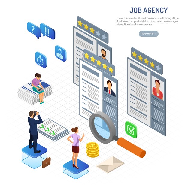 Empleo isométrico en línea, contratación, verificar currículum y concepto de contratación. Recursos humanos de la agencia de empleo de Internet. Personas con binoculares, lupa y currículum. isometrico