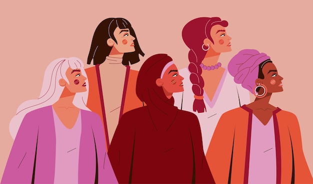 Vector empoderamiento de mujeres fuertes mujeres multiétnicas grupo de apoyo igualitario poder de género internacional retrato de niñas hermandad y feminismo ilustración plana de dibujos animados siluetas vectoriales