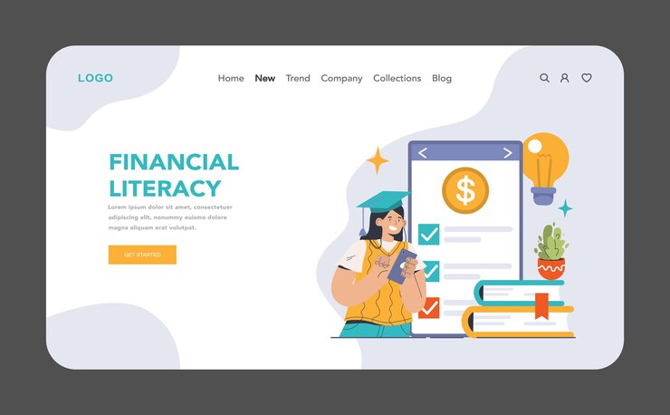 Vector empoderando el concepto de alfabetización financiera un estudiante aprende gestión del dinero en línea entre libros y una