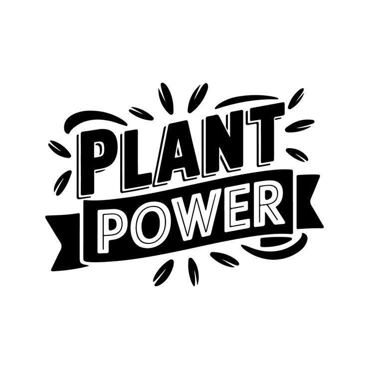 Vector empoderando el eslogan blackandwhite plant power con fuentes en negrita y una pancarta de cinta decorativa