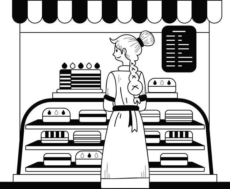 Vector emprendedora con ilustración de panadería en estilo garabato