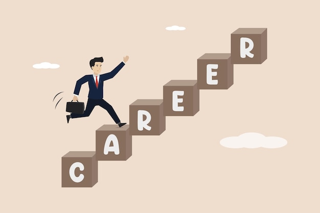 Los emprendedores de desarrollo profesional suben la escalera profesional hasta llegar al punto de éxito