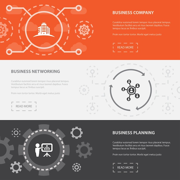Emprendimiento 3 plantilla de banners de página web horizontal con empresa comercial Redes comerciales Concepto de planificación empresarial Ilustración de iconos aislados modernos planos