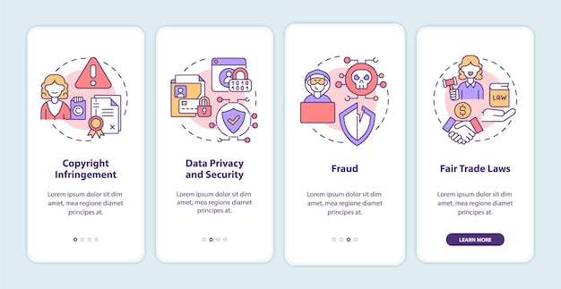 El emprendimiento en línea corre el riesgo de incorporar la pantalla de la página de la aplicación móvil. tutorial de privacidad de datos instrucciones gráficas de 4 pasos con conceptos. ui, ux, plantilla de vector de gui con ilustraciones en colores lineales