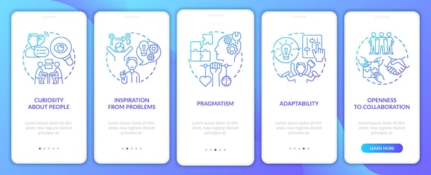 El emprendimiento social presenta la pantalla de la página de la aplicación móvil de incorporación de gradiente azul. Instrucciones gráficas de 5 pasos con conceptos. UI, UX, plantilla vectorial GUI con ilustraciones en color lineal