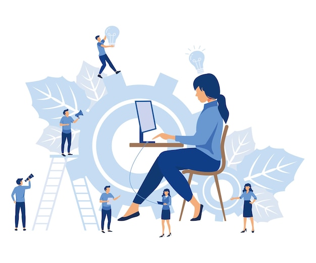 La empresa gráfica empresarial se dedica a la construcción conjunta de gráficos de columnas que aumentan la carrera hacia el éxito cabeza abstracta de la persona llena de ideas pensamientos vector plano ilustración moderna