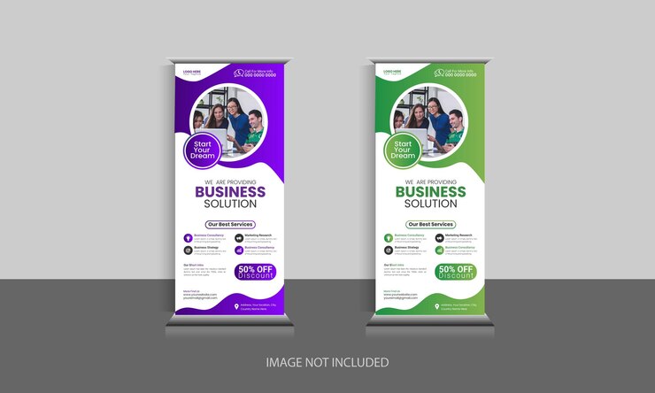Empresa moderna roll up stand banner colores azul, amarillo y rojo