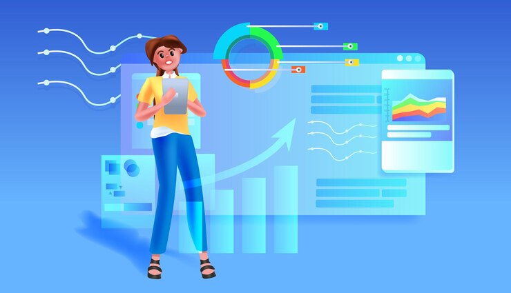 Vector la empresaria analizar gráficos de estadísticas financieras concepto de análisis de datos horizontal de longitud completa