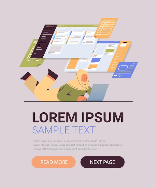 Empresaria árabe que analiza datos en el proceso de análisis de tableros virtuales planificación de marketing digital estrategia de la empresa concepto de longitud completa espacio de copia vertical ilustración vectorial