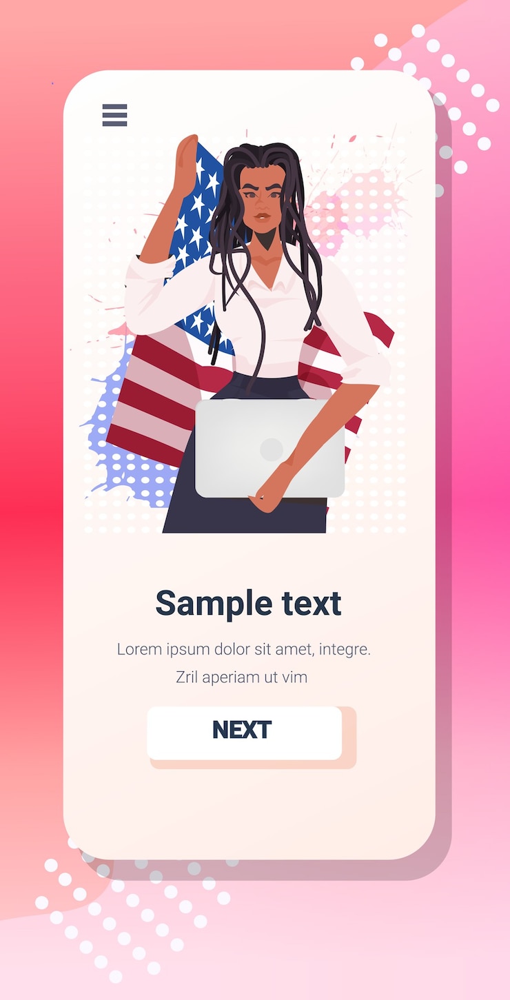 Vector la empresaria con la bandera de estados unidos sosteniendo la celebración del día del trabajo portátil