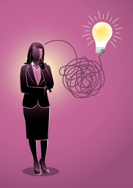 Empresaria buscando y pensando en la idea de una manera complicada y caótica