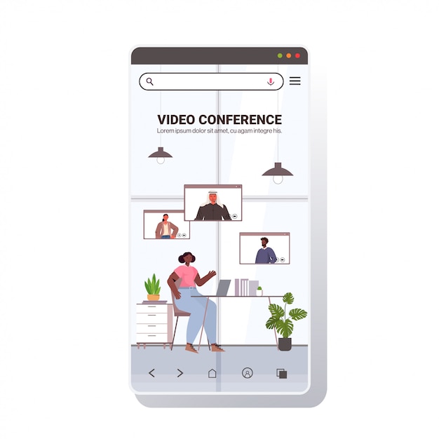 Empresaria chateando con colegas de raza mixta durante la videollamada busines personas que tienen conferencia en línea reunión comunicación concepto smartphone pantalla copia espacio ilustración completa