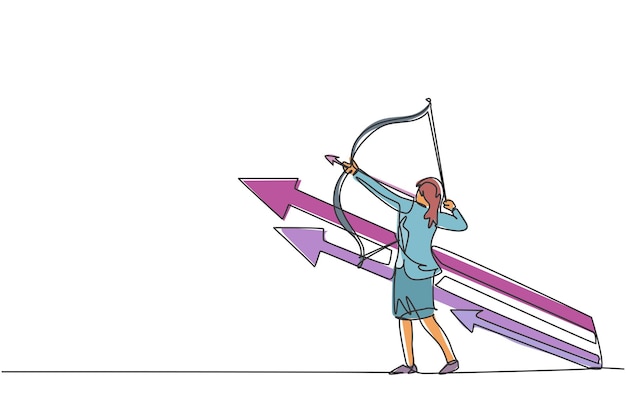 Una empresaria de dibujo continuo de una línea toma un arco de flecha para alcanzar el vector de estrategia de objetivo objetivo
