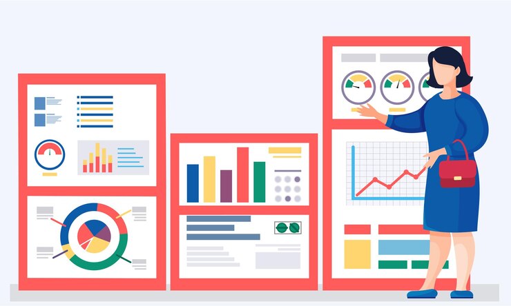 Vector la empresaria hace una presentación cerca del informe con gráficos y tablas. el orador dirige el taller.