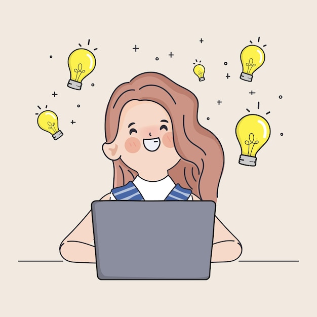Empresaria de imágenes prediseñadas dibujadas a mano obtener ideas y trabajar con una computadora portátil