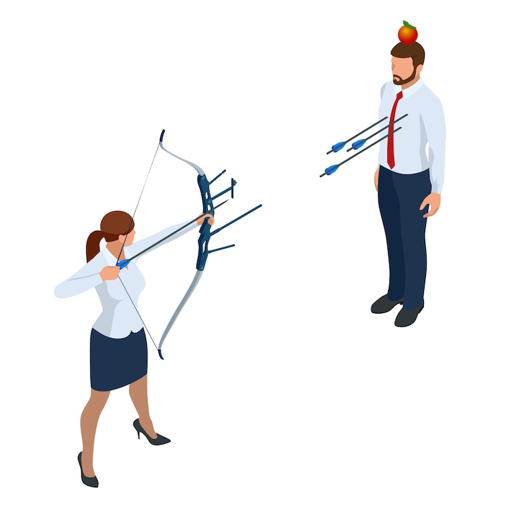 Vector empresaria isométrica disparando un arco y una flecha la flecha de éxito golpeó el centro del objetivo concepto de logro de objetivos comerciales