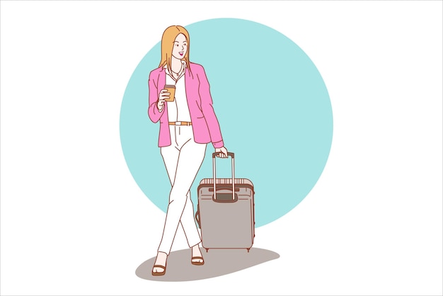 Empresaria con maleta y taza de café caminando a la ilustración de vector de aeropuerto