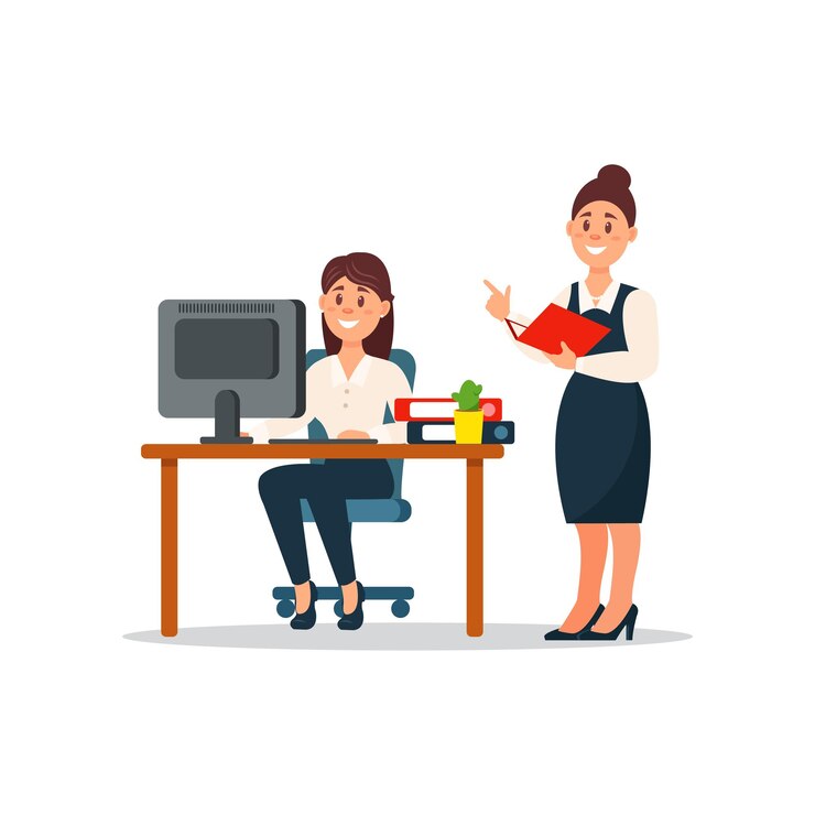 Vector empresaria de pie en su subordinado y haciendo notas personajes de negocios trabajando en vector de dibujos animados de oficina ilustración sobre un fondo blanco