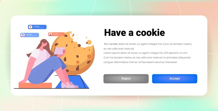 Vector empresaria con protección de cookies de información personal en la web de internet pop-up usamos notificación de política de cookies