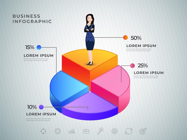 Vector empresaria que se coloca en el gráfico de sectores 3d. infografía de negocios