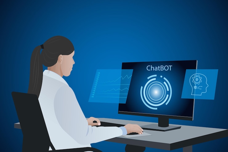 Vector empresaria que trabaja en los programas informáticos en la pantalla inteligencia artificial