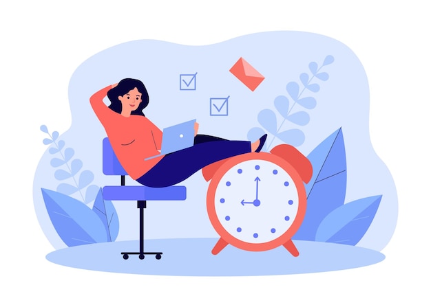 Empresaria sentada en un gran reloj, listo para la fecha límite. Pequeña mujer que trabaja con la ilustración de vector plano portátil. Trabajo efectivo, concepto de productividad para banner, diseño de sitios web o página web de destino.