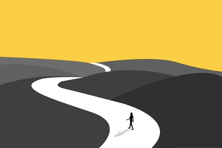 Vector la empresaria sigue un camino para las oportunidades de negocios liderazgo visionario diferentes rutas de negocios símbolo de ambición motivación y largo camino por delante