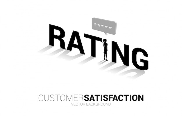 Empresaria de silueta de pie con estrella de calificación de cliente 3D en bocadillo. concepto de satisfacción del cliente, valoración del cliente y ranking.