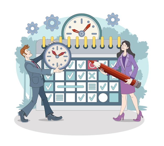 Empresaria sosteniendo lápiz y marca en el calendario masculino sosteniendo reloj
